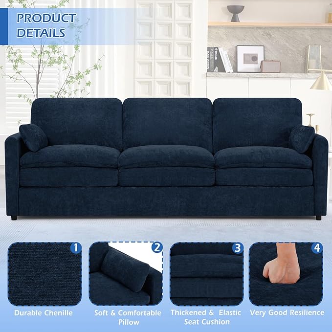 3 Pieces Chenille Sofa Set w/Arm Pillows, Upholstered Loveseat & 2 Pieces 3 Seater Sofa w/Comfortable Back Cushions, Modern 2-Seat & 3-Seat w/High-Density Foam for Living Room, Blue