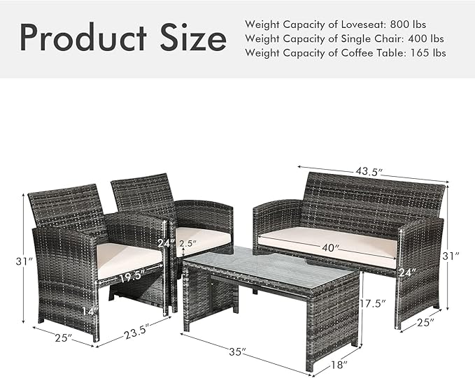 Goplus 4-Piece Rattan Patio Furniture Set, Outdoor Wicker Conversation Sofa with Weather Resistant Cushions and Tempered Glass Tabletop for Lawn Backyard Pool Garden (Beige)