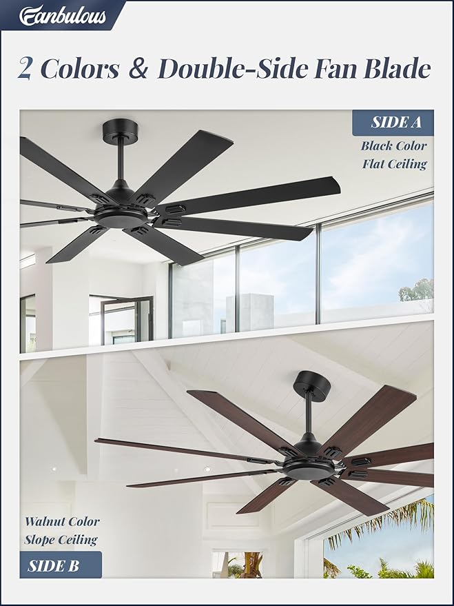 Fanbulous 72 Inch Ceiling Fans No Light with Remote, Modern Ceiling Fan Without Light, Dual Finish 8 Blades, Reversible Quiet DC Motor, 6 Speed, Large Ceiling Fan for Indoor or Covered Outdoor, Black
