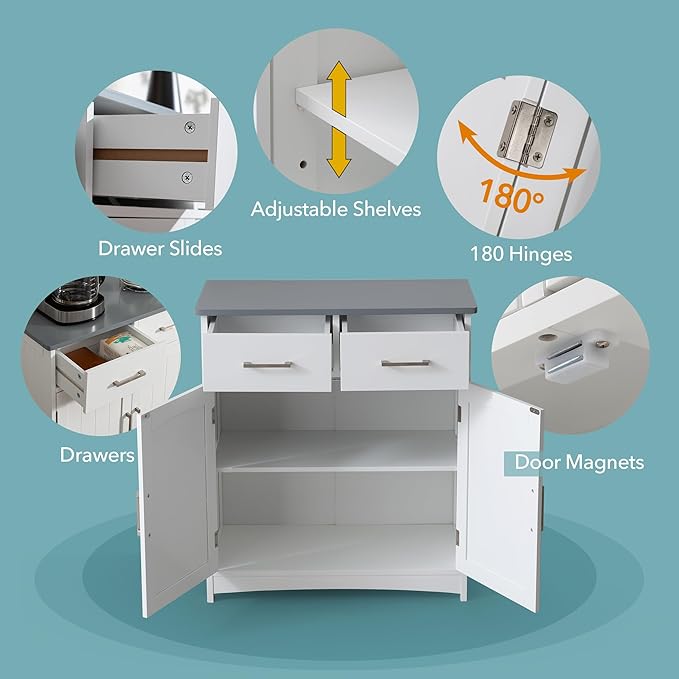 Modern White Buffet Cabinet, 26x30 Inches, 2 Doors, 2 Drawers, Adjustable Shelves, Anti-Fall Drawers, Dining Room Storage