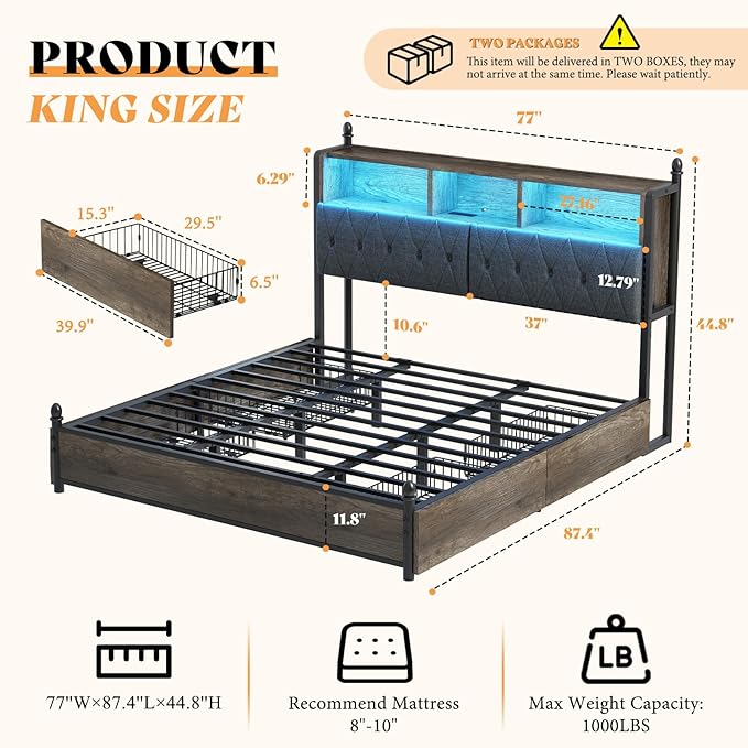 AMERLIFE King Size Bed Frame with Bookcase Headboard and 4 Storage Drawers, Wooden Platform Bed with Charging Station and LED Light, No Box Spring Needed/Noise-Free, Gray