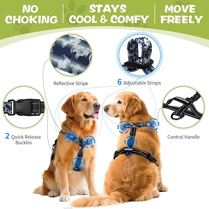 No-Pull Harness,Y-Shaped Design,Buckle-Neck Balance Harness with Reflective Stitching, Ideal for Dog Training and Night Walking, Padded Handle, Durable High-Tensile Nylon-Blue Camo-M