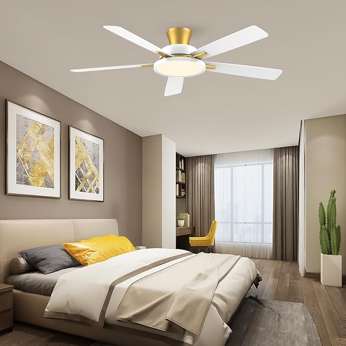 TALOYA 52 inch Ceiling Fans with Lights and Remote,Ultra Silent low profile Ceiling Fan with Three Color Temperature and Dimmable Light with Reversible Blades White Gold