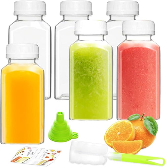 Plastic Juice Bottles, Reusable Juice Containers with White Tamper Proof Lids, Brush, Funnel and Labels, Clear Juice Containers for Juicing, Smoothie and Homemade Beverages (6PCS 8oz)