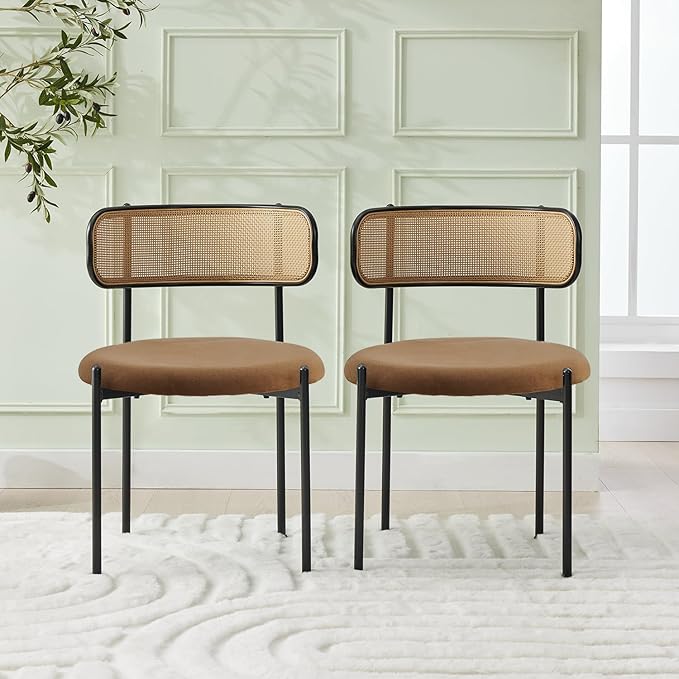 Rattan Dining Chairs Set of 2, Mid Century Modern Dining Chairs with Cane Back and Boucle Upholstered Seat, Farmhouse Kitchen Chairs for Dining Room and Living Room, Brown