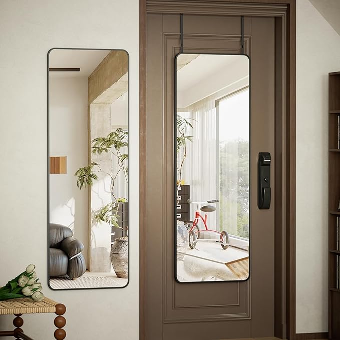 BEAUTYPEAK 14"x48" Full Length Over The Door Mirror, Aluminum Alloy Frame Full Body Mirror with Height-Adjustable Hangers, Hanging Mirrors for Bedroom, Living Room, Bathroom, Black