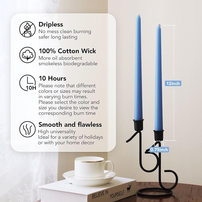 New Burning Formula Unscented Dripless 12-Inch Taper Candles Set of 12 - Light Blue, for Wedding, Dinner - Smokeless, Long Burning - Hand Poured, Colored Tall Candlesticks - Azul Claro