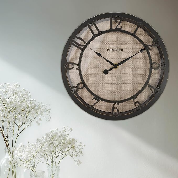 Presentime & Co 10" Farmhouse Series Wall Clock, Cottage Style, Faux Burlap Design, Silent no Ticking, Oil Rubbed Bronze Finish