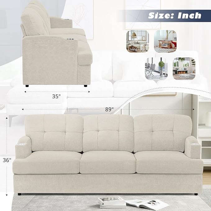 89" Chenille Modern Sofa with Cup Holder, Tufted Upholstered Couch with Thickened Cushions, Comfy 3 Seater Sofa with Deeper Seat for Living Room, Apartment,Beige