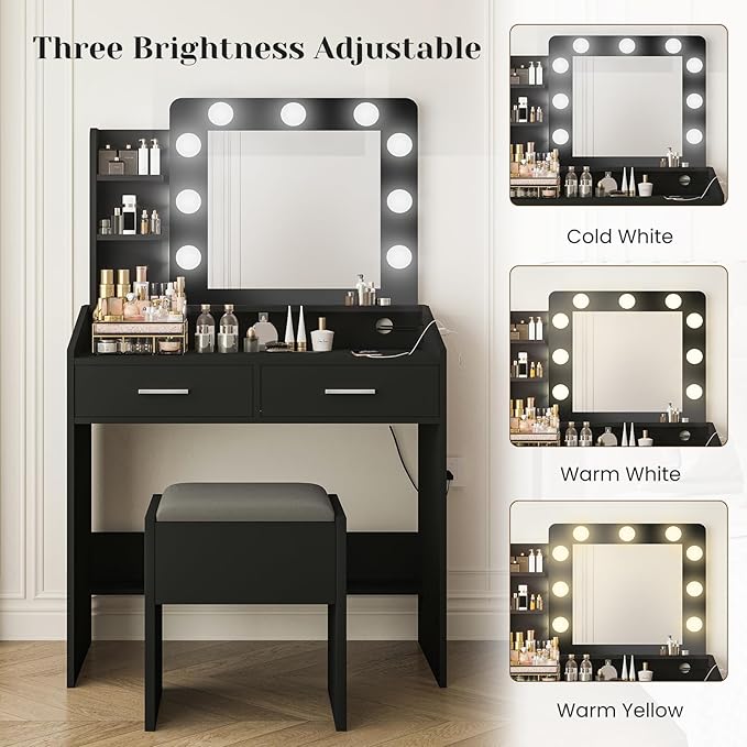 Vanity Desk with Mirror and Lights for Bedroom, Black Modern Makeup Table with 2 Drawers, 3 Light Modes & Dimmable LED, Includes Stool
