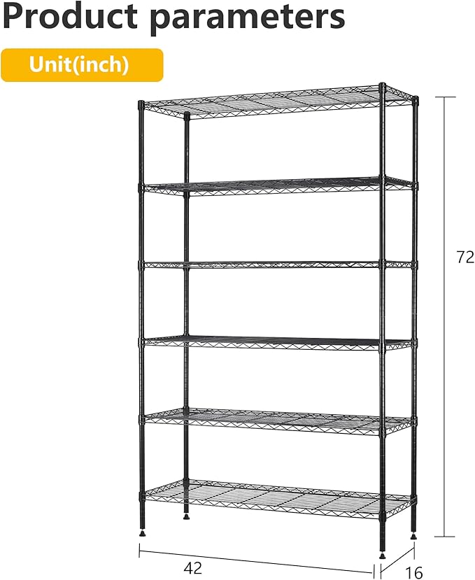 BestOffice | 6-Tier Wire Storage Shelves | 42x16x72 | Black | with Adjustable Racks | Heavy-Duty Metal Shelf, Holds Upto 1500 lbs | No-Tool Assembly | Ideal for Home & Garage Shelving