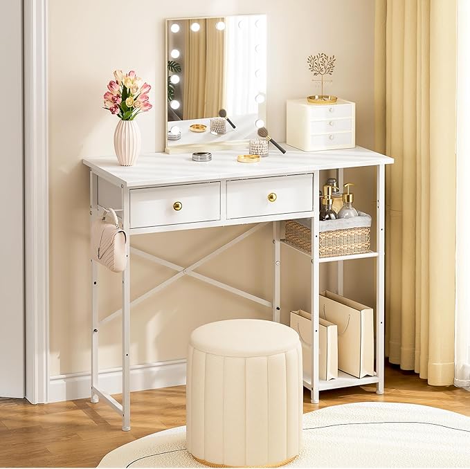 White Vanity Desk Without Mirror for Bedroom, Makeup Desk with 2 Fabric Drawers, Vanity Desk with Iron Hook, 36 Inches Vanity with Storage, White