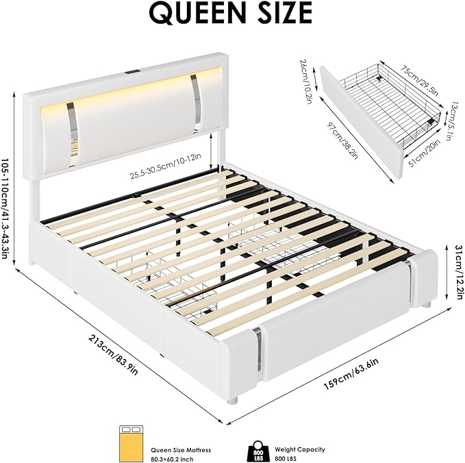 Keyluv Queen Bed Frame with RGB LED Lights Headboard & 2 Storage Drawers, Modern Upholstered Faux Leather Smart Platform Iron Metal Decor, USB USB-C Charging Ports, No Box Spring Needed, White