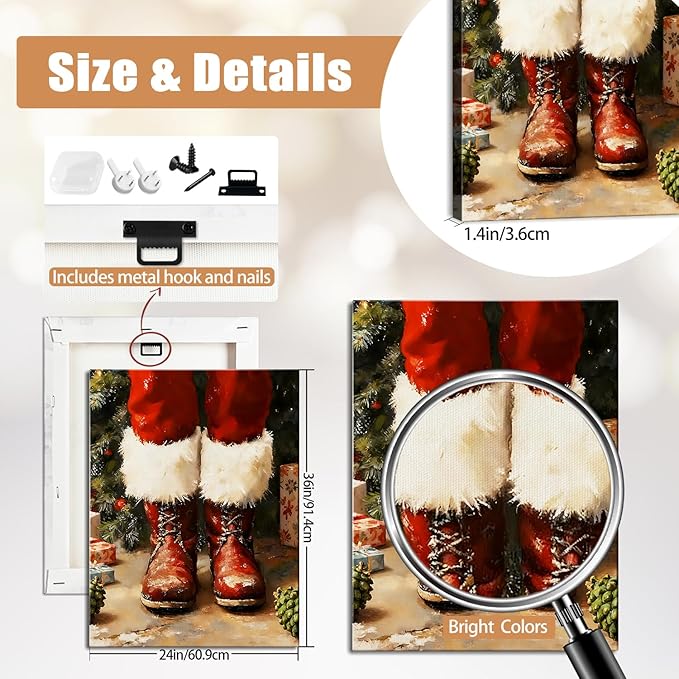Vintage Christmas Boots Canvas Wall Art - Rustic Winter Wall Art Framed Print for Farmhouse Living Room, Cozy Christmas Wall Decor with Red Accents, Ideal Christmas Gifts & Festive