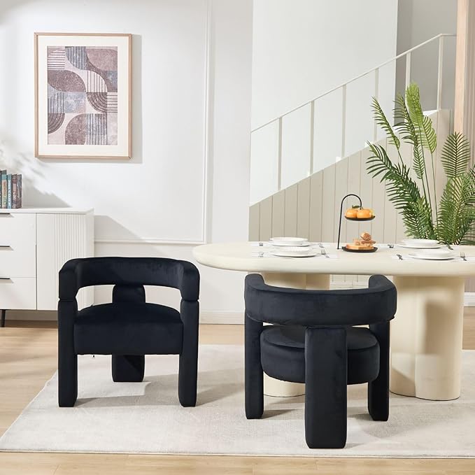 Black Dining Chairs Set of 2, Upholstered Velvet Barrel Chairs with Arms Comfy Side Chairs for Living Room/Dining Room/Reception