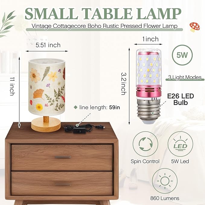 Hortsun Pressed Flower Lamp Vintage Table Small Lamp Cottagecore Decor Boho Night Light Decorative Rustic Night Light for Bedroom, Living Room or Office, Christmas Gift for Women(Modern Style)