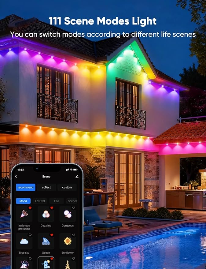 APPECK Permanent Outdoor Lights 400ft with 288 LED Lights, 144W Smart RGBW Eaves Lights, DC 36V, 40LM, IP67 Waterproof String Lights for Halloween Christmas Decor, Compatible with Alexa, White