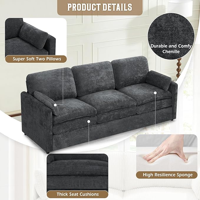 89" Chenille Soft Sofa w/Well-Filled Backrests, Modern Couch w/Plump Pillows, 3 Seater Upholstered Couch w/Thick & Comfy Cushions for Living Room, Bedroom, Grey
