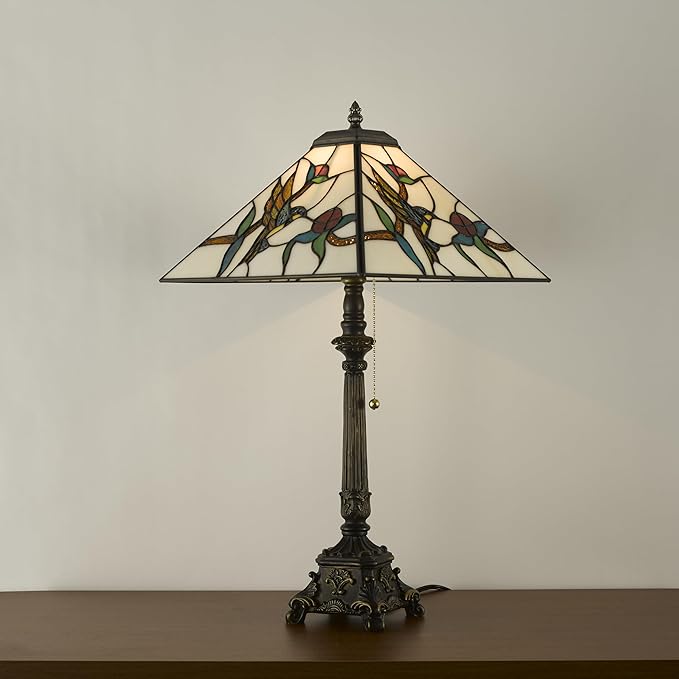 Tiffany Table Lamps White Stained Glass Hummingbird Style Mission Desk Lamp 12X12X24 Inch Bronze Resin Base