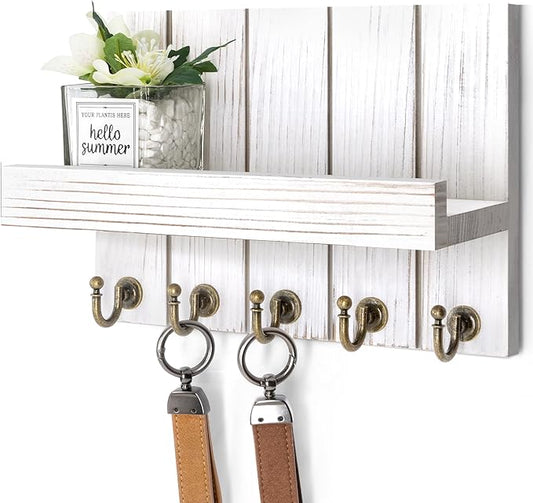 Rebee Vision Farmhouse Key Holder for Wall - Decorative Mail Organizer & Key Rack Wall Mount - Elegant 5 Sturdy Key Hooks with Floating Shelf for Living Room Decor (Whitewash, 3.54"D x 10"W x 7.28"H)