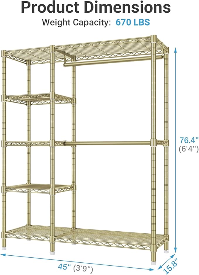 VIPEK V7 Clothes Rack Heavy Duty Max Load 670lbs, Garment Rack with 5 Tiers Adjustable Shelves Portable Closet Metal Sturdy Wardrobe Storage System for Walk-in Closet, Bedroom, Small Space (Gold)