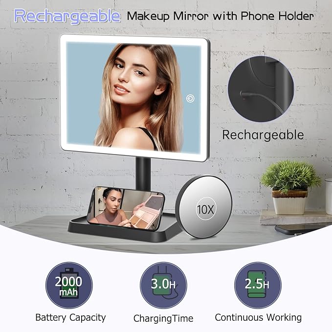FUNTOUCH Rechargeable Makeup Vanity Mirror with Lights, Large Lighted Desk Makeup Mirror with 96 LED Lights and 10x Magnifying, 3 Color Lighting, Make up Light Mirror with Phone Holder,Black