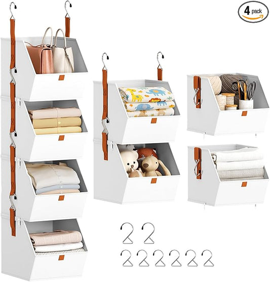 Hanging Closet Organizer 4 Tier - Clothes Hanging Shelves, Space-Saving Closet System, Fabric Storage Bins Bedroom Organization, Collapsible Baskets for Home, Dorm, Rv, White