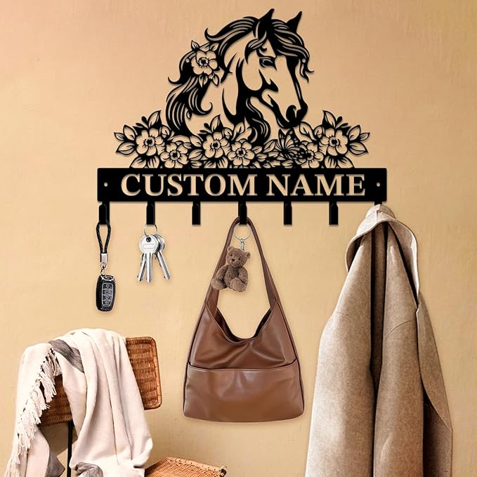 Personalized Custom Name Farm Horse Wall Key Hooks,Metal Horse Art Clothes Hooks,Metal Horse Wall Home Storage Decorative,For Front Door, Hallway, Kitchen, Bedroom,Keys,Hats (Style C)