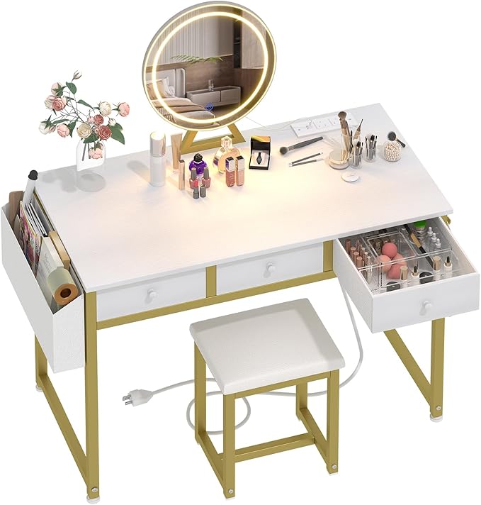 Lufeiya White Makeup Vanity Desk with Mirror and Lights, 40 inch Make Up Vanity Desks with Fabric Drawers & Charging Station, Dressing Table and Chair Set for Bedroom Girls, White Gold