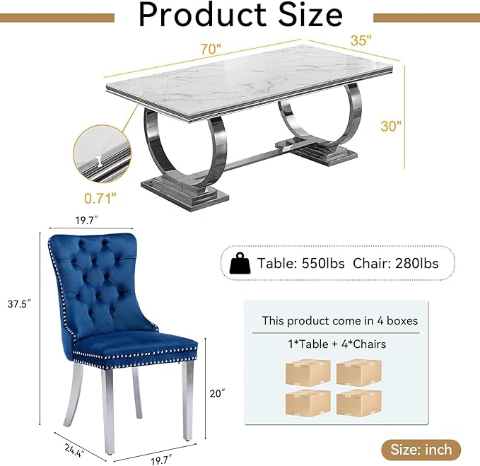 Goujxcy 5 Piece Marble Dining Table Set for 4, Luxury White Marble Silver Kitchen Table with 4 Blue Velvet Upholstered Chairs, Modern 4 Person Dining Room Table Set for Kicken Dining Office Room