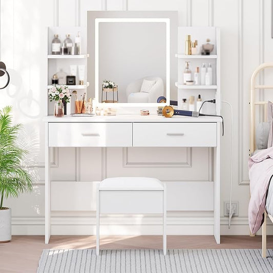 Garvee Vanity Desk with Lights | Tri-Mode LED Lighted Mirror & Charging Station | Makeup Vanity Set with 6 Shelves, 2 Drawers, Soft Cushion Stool | Dimmable Vanity Desk for Bedroom (White)
