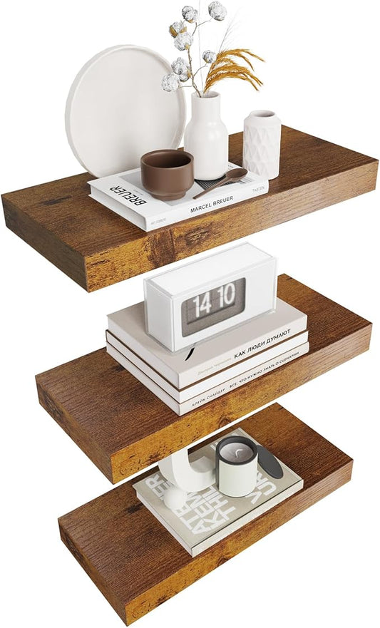 Floating Shelves for Wall Decor Set of 3, 15 Inch Wall Mounted Floating Shelf with Invisible Brackets, Rustic Wood Storage Shelf for Bathroom, Bedroom, Kitchen, Office, or Living Room, Rustic Brown