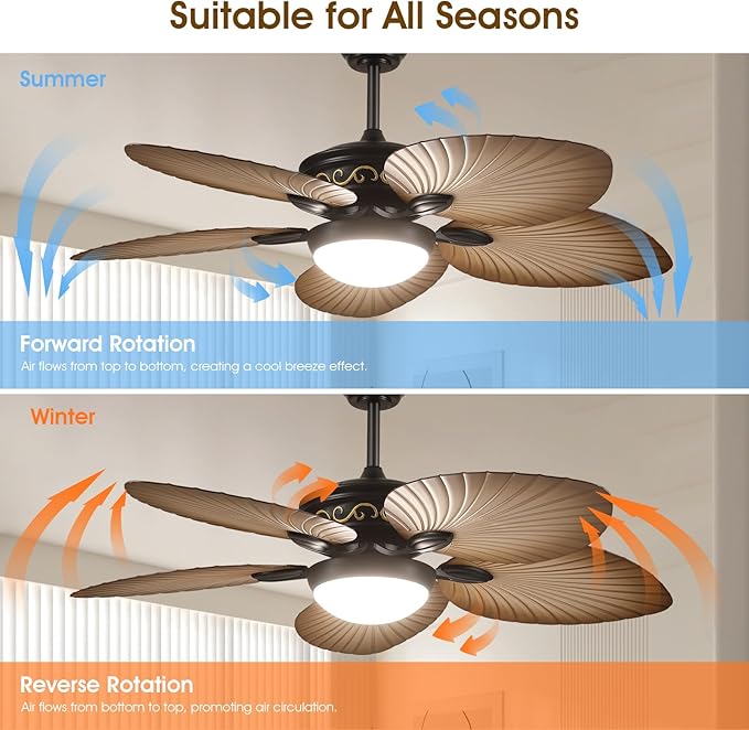 Ceiling Fans with Lights and Remote/APP Control, 52 Inch Tropical Palm Leaf Ceiling Fan with LED Lights, Outdoor Ceiling Fans for Patios Porch, Reversible Quiet Motor, Dimmable, Wood Grain