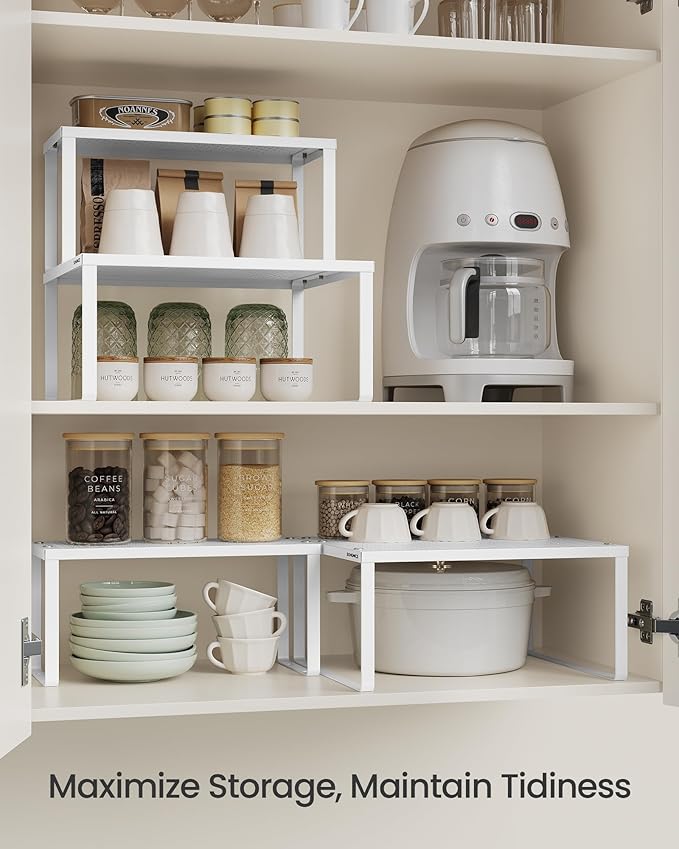 SONGMICS Spice Racks, Set of 2 Metal Cabinet Shelf Organizers, Countertop Organizers, Shelf Risers, Stackable, Expandable, White UKCS005W01
