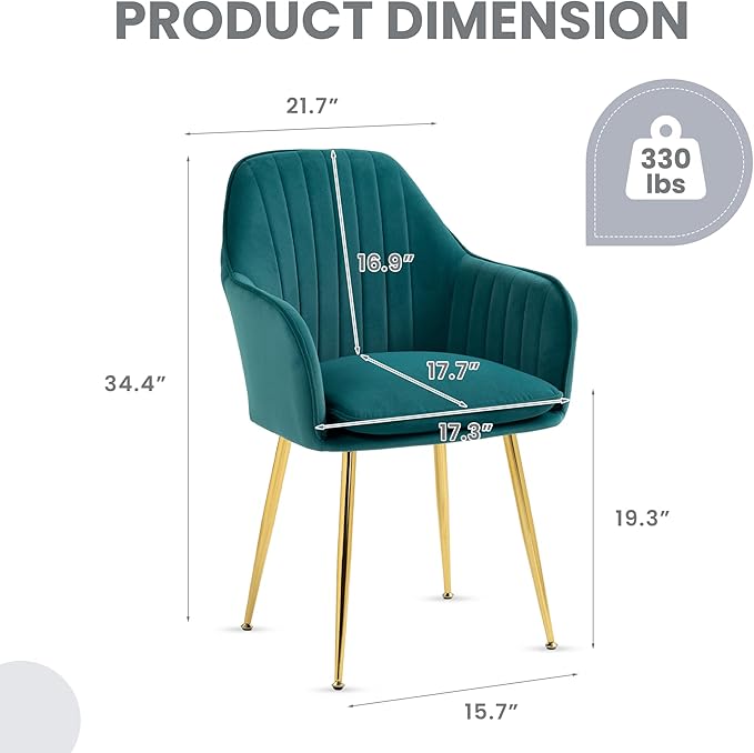 ECOTOUGE Matte Velvet Dining Chairs Set of 2, Modern Arm Chair with Golden Metal Legs, Living Room Accent Chairs for Kitchen, Emerald Green