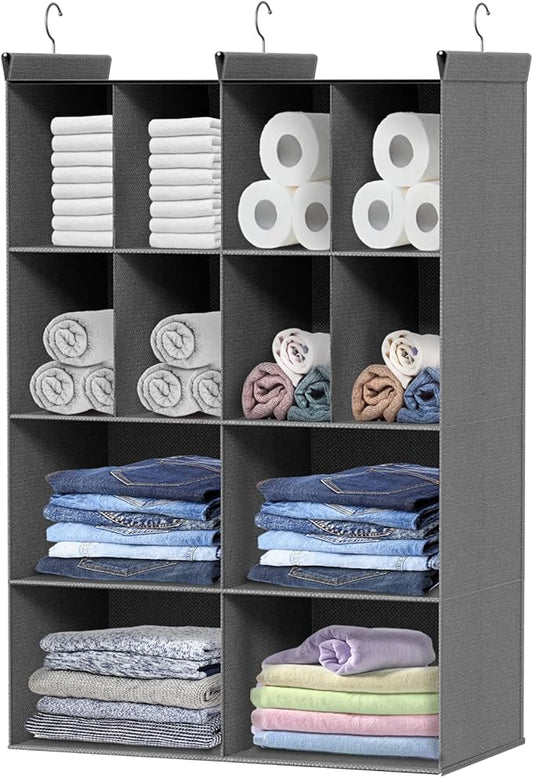 4 Tier Hanging Closet Organizer, 12 Compartments Sweater Organizer for Closet with 3 Sturdy Hooks, Closet Organizers and Storage, Wardrobe, Rv, Garment Rack, Grey