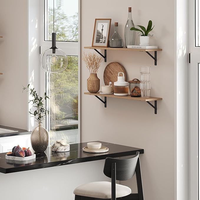 DINZI LVJ Long Wall Shelves, 31.5 Inch Wall Mounted Shelves Set of 2, Easy-to-Install, Wall Storage Ledges with Sturdy Metal Brackets for Living Room, Bathroom, Bedroom, Kitchen, Natural