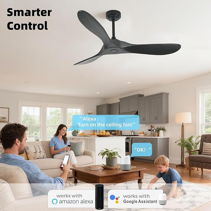 Smart Ceiling Fan no Light, 52 Inch Outdoor Ceiling Fan Without Light, Compatible with Alexa/Google/App, 3 Solid Wood Blades, Modern Wood Fan for Patio, Bedroom, Living Room, Black