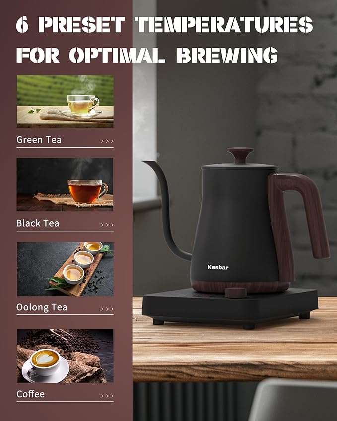 Electric Kettle, Electric Gooseneck Kettle with 6 Temperature Control Presets and LED Display, 0.8L/27.05oz, 0.8mm Ultra-Fine Spout, 304 Stainless Steel Inner, 1000W Gooseneck Kettle, Matte Black