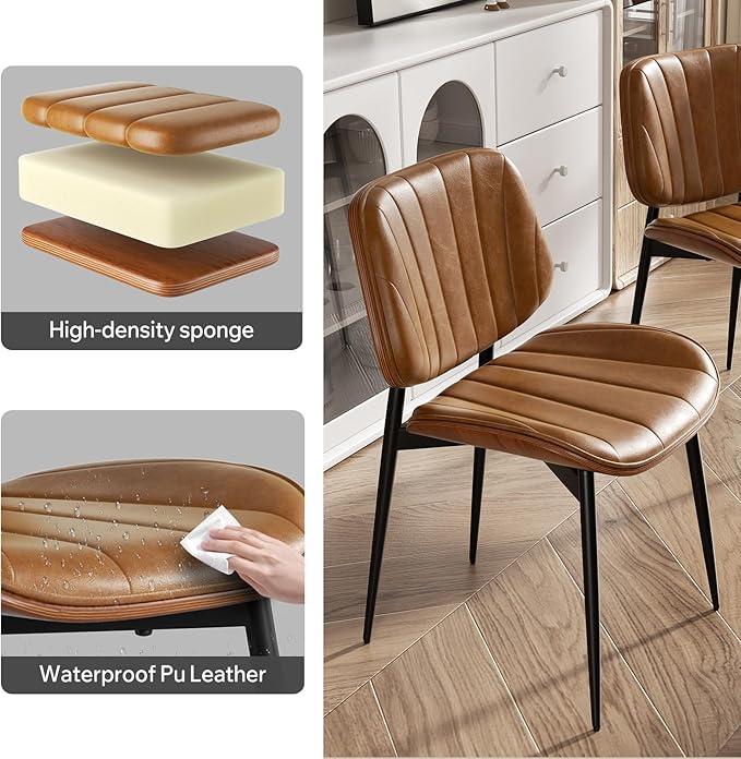 Dining Chairs Set of 4, Mid Century Modern Dining Room Chairs, Upholstered Faux Leather Kitchen Chairs with Walnut Bentwood Back and Metal Legs, Brown