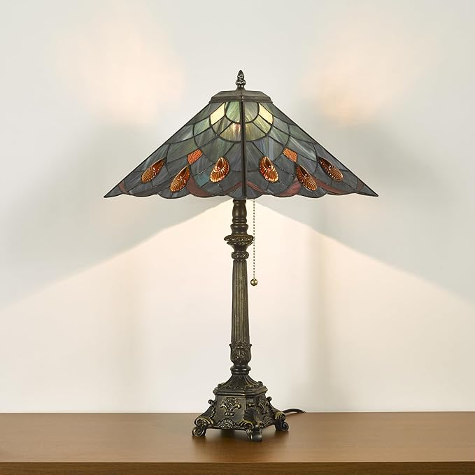 Tiffany Table Lamps Sea Blue Stained Glass Crystal Style Mission Desk Lamp 12X12X24 Inch Bronze Resin Base