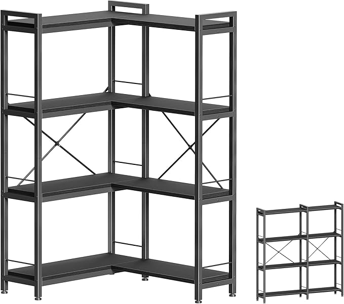 Huuger 4 Tier Bookshelf, L Shaped Corner Bookshelf with 8 Open Shelves, 49.4 Inch Straight Wide Bookcase with Metal Frame and Wooden Board, Adjustable Feet, Black