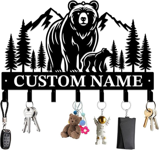Personalized Custom Name Bear Key Wall Hooks,Metal Bear Keys Clothes Hooks,Metal Bear Wall Home Storage Decorative,For Front Door, Hallway, Kitchen, Bedroom,Keys,Hats (Style H)