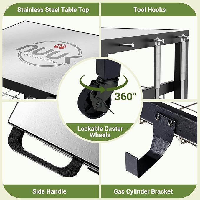 NUUK Grill Cart 30"x24" Pizza Oven Table for Outdoor 3-Shelf with Stainless Steel Top and Sliding Drawer BBQ Grilling Carts Outside Serving Prep Tables Indoor Stand