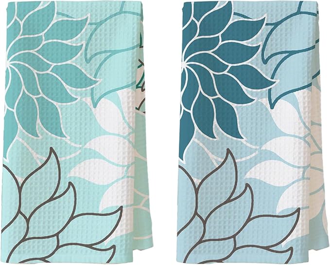 2-Pack Boho Floral Abstract Waffle Towels, Flower Hand Towel for Bathroom Decor, 16x24 Inch Neutral Azure & Blue Flower Dish Tea Towel Decor for Kitchen/Bath/SPA,Gift for Friends.