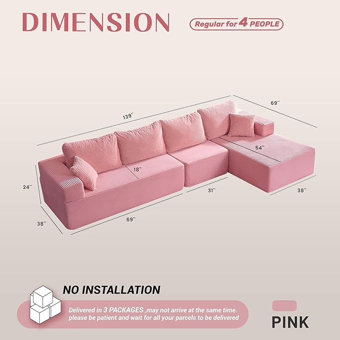 138" Boneless Couch with Deep Seat, Modular Sectional Sofa, Cloud Sectional Couch for Living Room, No Assembly Required, Corduroy, 4 Seater L-Shape Right, Pink