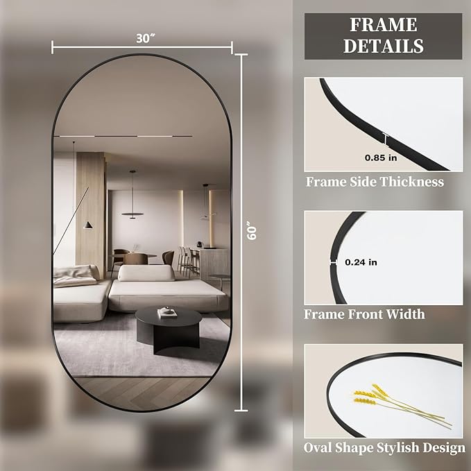 Oval Full Length Mirror, 60"×30" Wall-Mounted Mirror with Metal Frame, Ultra-Clear Explosion-Proof Dressing Mirror, Simple and Classic Deco for Cloakroom/Bedroom/Living Room, Black