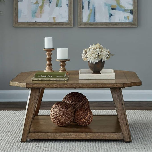 Liberty Furniture Carolina Park Octagonal Cocktail Table for Living Room - Amber Brown Oak