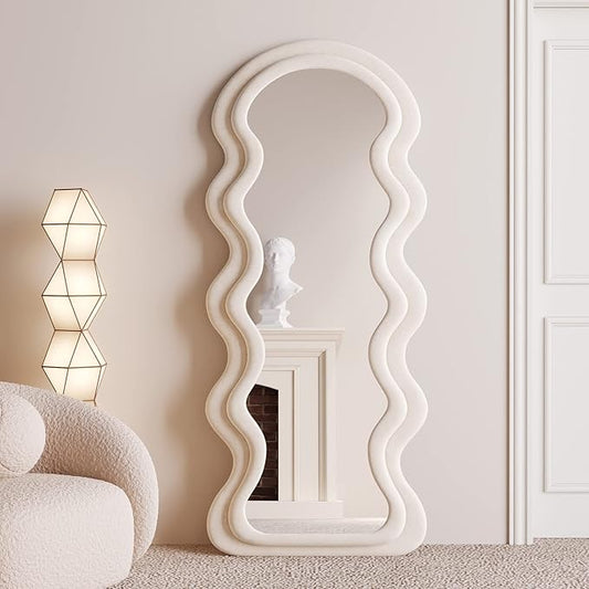 BOJOY Full Length Wavy Arched Mirror, 63x24in, Wall Mount/Standing/Leaning - White