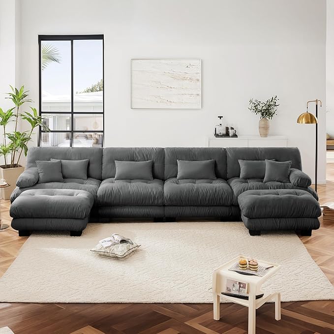 173.2" Oversized Couch, 4 Seater Modular Sectional Sofa, Grey Large U Shaped Sectional Fluffy Couch Set, Chenille Cloud Couch with Ottoman, Deep Seat Sofas for Living Room